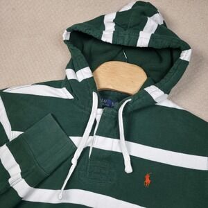 Polo Ralph Lauren Striped Hoodie Sweatshirt XL Green White Rugby Pullover Pony